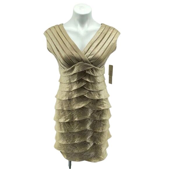 Adrianna Papell Dresses & Skirts - Adrianna Papell 6P Petite Champagne Metallic Tiered V-Neck Dress, New With Tag